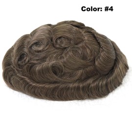 Toupee Hair Piece for Men Indian Remy Human Hair Monofilament Top Lace Front Mens Hairpiece Hair Replacement System with Pu Skin around Male Toupee Peluquines Para Hombre 6x8 Inch #4 Medium Dark Brown