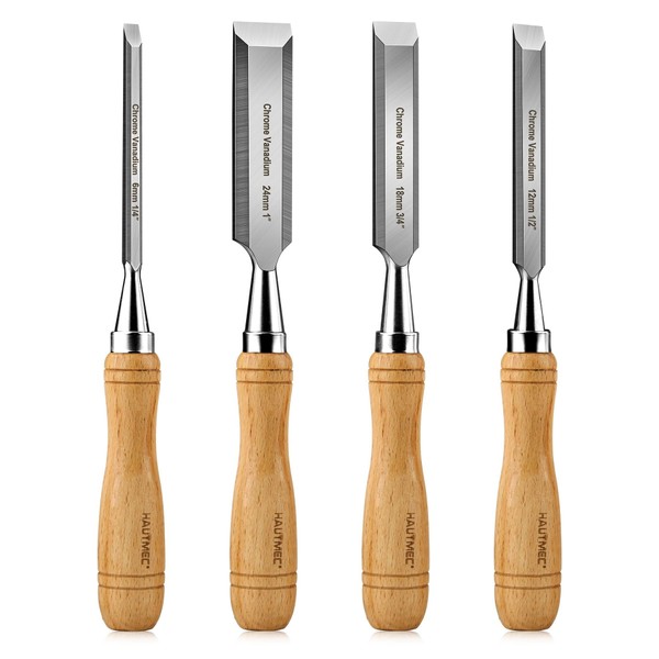 HAUTMEC 9.6in Wood Chisels 4 Pieces, Crv Steel Beveled Edge