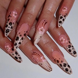 MERVF Long Press on Nails Stiletto Fake Nails Light Brown French Tip Glue on Nails Flower Press ons Leopard Cheetah Fall Almond Acrylic False Nails Glossy 24pcs