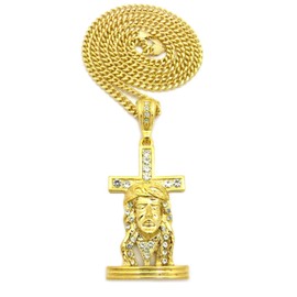 Hip Hop Iced Out Jesus Face on Cross Pendant 36" Cuban Chain Necklace in Gold Color Plated (Gold / 6mm 36" Cuban Chain)