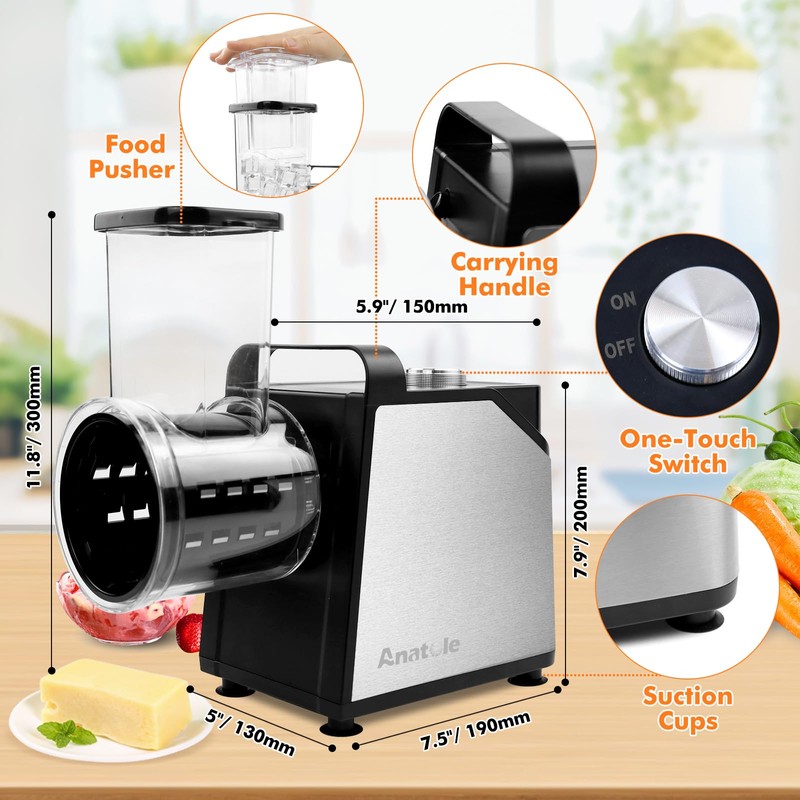 Anatole Electric Cheese Grater 7 Blades Ice Shaver Stainless Steel
