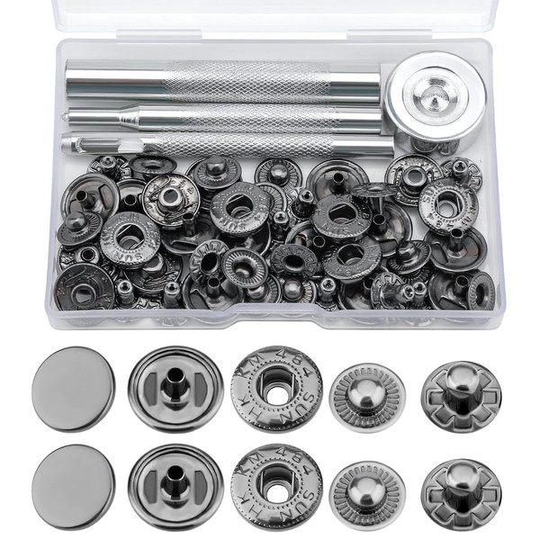 LUTER 12 x 15 mm Snap Fastener Kits Removable Heavy Metal Buttons with 4 Metal Mounting Tools for Clothes, Jeans, Leather, Trousers, Bags, Jackets, (Black)