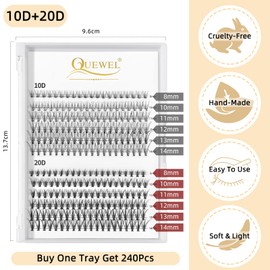 QUEWEL Cluster Lashes 240Pcs Individual Lashes 10D+20D C Curl Mix8-14mm Lash Extensions Clusters Lashes Soft&Natural False Eyelashes Individual DIY Eyelash Extension at Home(10D+20D C MIX8-14)