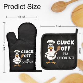 DYJYBMY Cluck Off I'm Cooking Funny Oven Mitts and Pot Holder Set, Kitchen Gadgets for Bake Lovers, Chicken Lover Gifts, Humor Novelty Housewarming Baking Kitchen Gifts for Women Men Dad Chef Friend