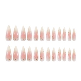 Long Press on Nails Stiletto Light Pink False Nails Glossy Jade White Fake Nails with Star Designs Artificial French Nail Tips Kit Extra Long Acrylic Glue on Nails Ombre Stick on Nails for Women Girls