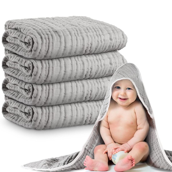 Chumia 4 Pieces Muslin Baby Bath Towel, Cotton Newborn Hooded Towel for Kids, 32x32Inch Hooded Baby Bath Blanket Towel for Babies Toddler Infant Shower Gift Supply, Soft and Absorbent (Light Gray)