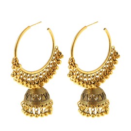 Dangle Retro Indian Jhumki Bell Huggie Hoop Statement Earrings Bollywood Oxidized Traditional Jhumka Style Drop Big Open Hoops Earring Boho Jewelry Gift for Women Bff (Gold)