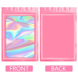 FUNFERY Funfery 100 pcs Pink Smell Proof Mylar Holographic Bags Packaging Bags, Clear Resealable Odor Proof Bag Foil Pouch Bag for Food Storage,Lipgloss,Jewelry,Eyelash Packaging Small Business(2.4x3.9Inch)