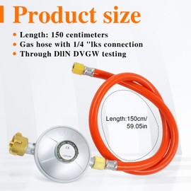 SI SEN Gas Hose Pressure Regulator Kit 50 mB Gas Hose 150 cm Regulator Kit with Threaded Connection, 1/4 Inch Gas Connection Kit for Heater Gas Oven