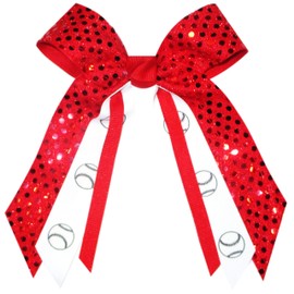 Softball, Baseball Soft Touch Sequin Hair Bow, Made in the USA, Many Colors, White Pony Band, (Red)