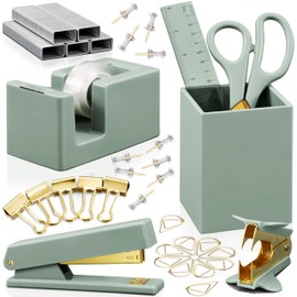 Aesthetic Desk Accessories Set - A Complete Desktop Organizer Set For Women Enhances Any Office Decor - An Office Supplies Kit w Gold Finish incl. Pen Holder, Scissors, Stapler, Tape Dispenser & More