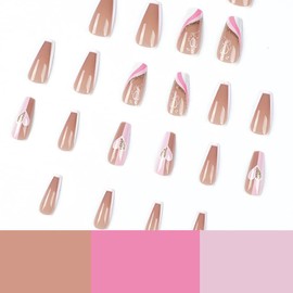 Carufin 24 Pieces Beautiful Rabbit Coffin False Nail Pink Gradual Flash Nail Print Medium Long Ballet Artificial False Nails for Women Girls (D)