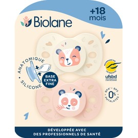 BIOLANE Anatomically Shaped Teat for Animals, Extra Fine Pacifiers from 18 Months, Pink and Beige, Flat and Reversible Nipple, Optimal Comfort, Respects Mouth Development, Renewable