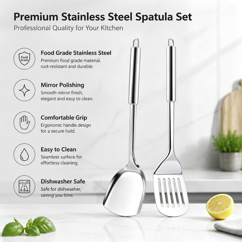 Joyfair 2Pcs Stainless Steel Spatula Set, Sturdy Solid & Slotted