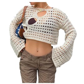 Women Hollow Out Crochet Knit Crop Tops Color Block Long Sleeve Square Neck Fall Sweaters Tops E-Beige