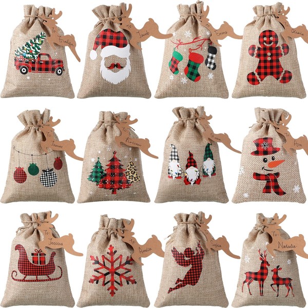 24 Pieces Christmas Burlap Gift /Treat Bags with Drawstrings Small Goody Bags for Xmas Holiday New Year Party Favors Supplies, 12 Designs (Delicate Style, 7 x 5 Inch)