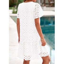 KIRUNDO Summer Dresses for Women 2025 Button Down V Neck Short Sleeve Hollow Out Lace A Line Casual Mini Babydoll Dress(White, X-Large)