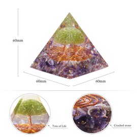dssmboom Tumbled Amethyst Crystal Pyramid for Reiki Healing Chakra Balancing, Resin with Copper Wire Peridot Tree of Life Pyramid for Home Office Decor