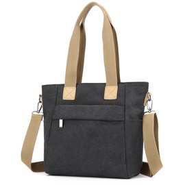 zhongningyifeng Women's Canvas Tote Bag Small Handbag with Zip Shoulder Bag for Travel Shopping Work, black