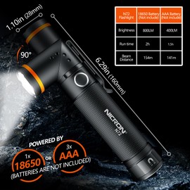 NICRON Flashlight, N72 800 Lumens Tactical Flashlight, 90 Degree Flashlight IPX4 Waterproof Led Flashlight 4 Modes- Best High Lumens are for Camping, Outdoor,Maintain (18650/AAA Not Included)