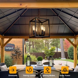 ALL FORTUNE Solar Chandelier Outdoor, 14" Farmhouse Waterproof Dimmable Hanging Pendant Lights for Gazebo, Pergola, Canopy Decor