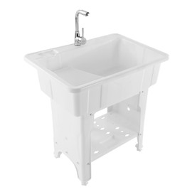 Laundry Sink,Freestanding Plastic Laundry Sink with Washboard,Utility Sink with Hot and Cold Faucet,Hoses and Drain Kit for Garage Basement Garden (31.5x22.05x31.5inch)