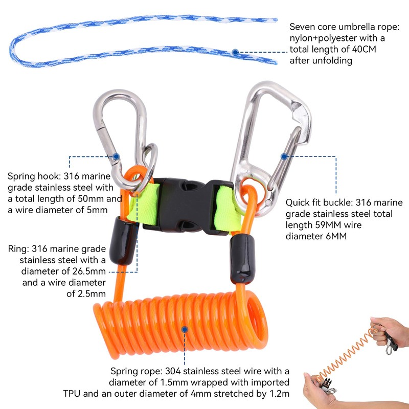 Frdhee Elastic Spiral Cable Diving Reef Hook Anti-Lost Spring Coil