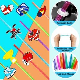 24PCS Ice Hockey Drinking Straws Reusable for Kids Ice Hockey Theme Birthday Party Favors Supplies Decorations with 2 PCS Cleaning Brushes (Ice Hockey Theme)