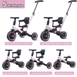 newyoo 5 in 1 Tricycles for 1-3 Year Olds, Toddler Bike, Gift & Toys for Boy & Girl, Baby Balance Bike, Toddler Tricycle with Parent Steering Push Handle, Backrest & Safety Belt, Pedals, Pink