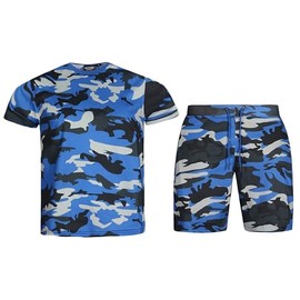 Revival Outfitters MEN'S 2 PIECE ARMY CAMO-FLAGUE COLORED STRIPED MATCHING SHORT & SHIRT SET (Camo Blue, 3XL)