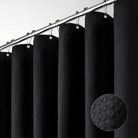 Dynamene Long Black Fabric Shower Curtain - Waffle Textured Tall Heavy Duty Cloth Shower Curtains for Bathroom, 256GSM Large Hotel Spa Luxury Bath Curtain Set with 12 Plastic Hooks(72Wx78H, Black)