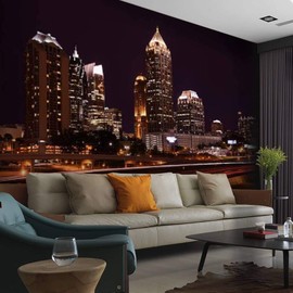 Kanworse Night Skyline Atlanta Canvas Print Wallpaper Wall Mural Self Adhesive Peel & Stick Wallpaper Home Craft Wall Decal Wall Poster Sticker for Living Room