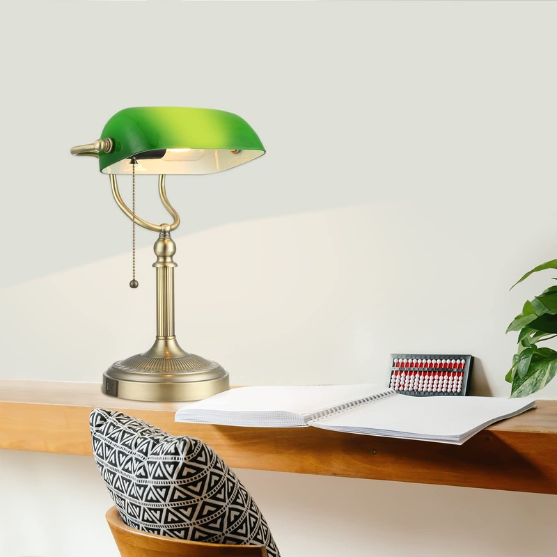 Newrays Green Glass Bankers Desk Lamp with Pull Chain Switch
