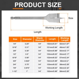 HARFINGTON 9Pcs Spade Drill Bit Paddle Flat Bits Set Wood Hole Cutter with Quick Change 1/4 Inch Hex Shank for Woodworking Fiberglass, Silver Tone
