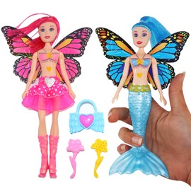 6 Piece Mermaid and Fairy Doll Set with Bright Long Hair, Wings and Accessories - Boys and Girls, Ocean Theme Toys, Princess Toys, Pretend Fun Play, Movable Arms, Legs and Head, Flying Toys