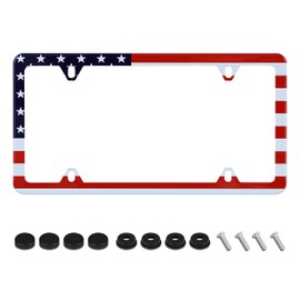 Classic American Flag License Plate Frame USA Flag License Plate Holder Stainless Steel Auto Parts Decoration with Screws for Men Women License Plate 4 Holes 1pcs