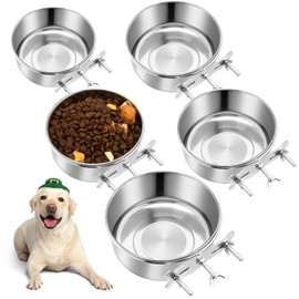 5 Pack Crate Water Dog Bowls 5 Size No Spill Hanging Dog Crate Bowl Stainless Steel Crate Water Cat Bowls Hanging Cage Kennel Dog Feeder Mountable Metal Dog Food Bowls for Dogs Cat Bird