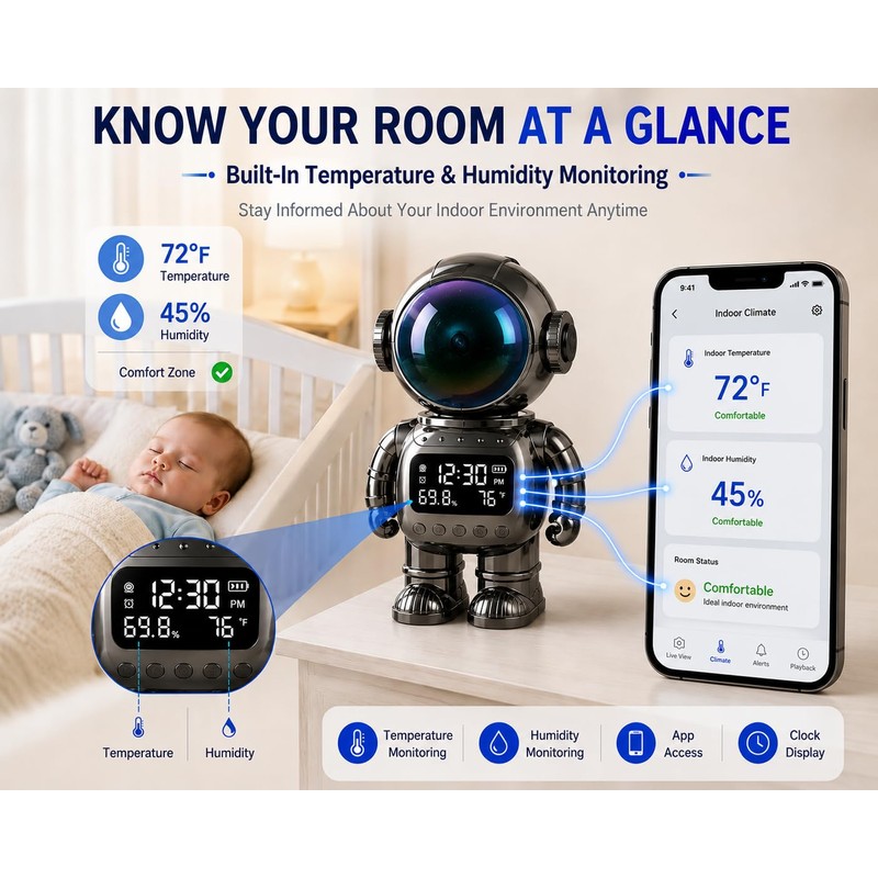 DYPCO Indoor Security Clock Camera with Temperature and Humidity Monitoring,