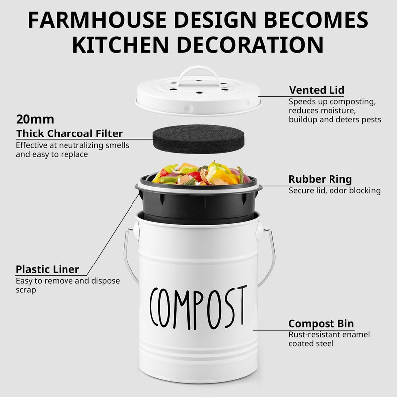 Kitchen Compost Bin, 1 Gallon Countertop Compost Bin with Lid,