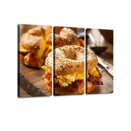Hearty Breakfast Sandwich on a Bagel Print On Canvas Wall Artwork Modern Photography Home Decor Unique Pattern Stretched and Framed 3 Piece