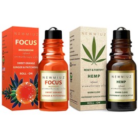 New Miuz Roll-On Essential Oil Blends Focus Memory Concentration Orange Ginger Patchouli & Ease destress Hemp Peppermint Eucalyptus Clove and Arnica, Pack of 2