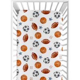 Sweet Jojo Designs Sports Theme Boy Baby Fitted Crib Sheet Set Infant Newborn Nursery Toddler Bed Room Standard Mattress 2p Solid Steel Blue and Watercolor Soccer Balls Football Baseball Basketball