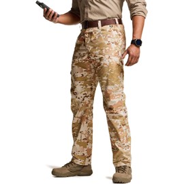 CQR Men's Utility Flex Cargo Pants, Classic-Fit Casual Stretch Work Pants, Water Resistant Lightweight Tactical Hiking Pants, Tac Utility Camo Dune, 32W x 32L