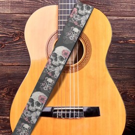 Snilety Cool Crossbody Guitar Strap with Adjustable Strap for Acoustic Guitar, Pink Flower Grey Skull, Medium
