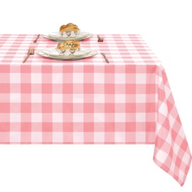 XWZO Checkered Tablecloth Square - Waterproof, Wrinkle Free Checker Table Cloth for Cafes, Restaurants and Gardens, Decorative Plaid Table Cover, 54 x 54 Inch, Pink and White
