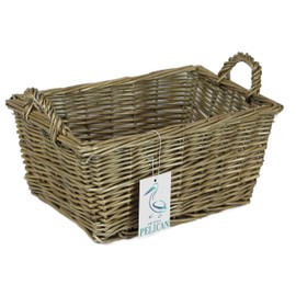 Small grey shelf baskets in natural wicker. Bedroom makeup, toiletries, jewellery and trinkets. Kitchen storage, vegetables, bread. (37cm, Grey)