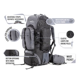 Tripole Walker 65 Litres Rucksack | Internal Frame With Metal Rod | Rain Cover | Bottom Opening | Laptop Section (Black)