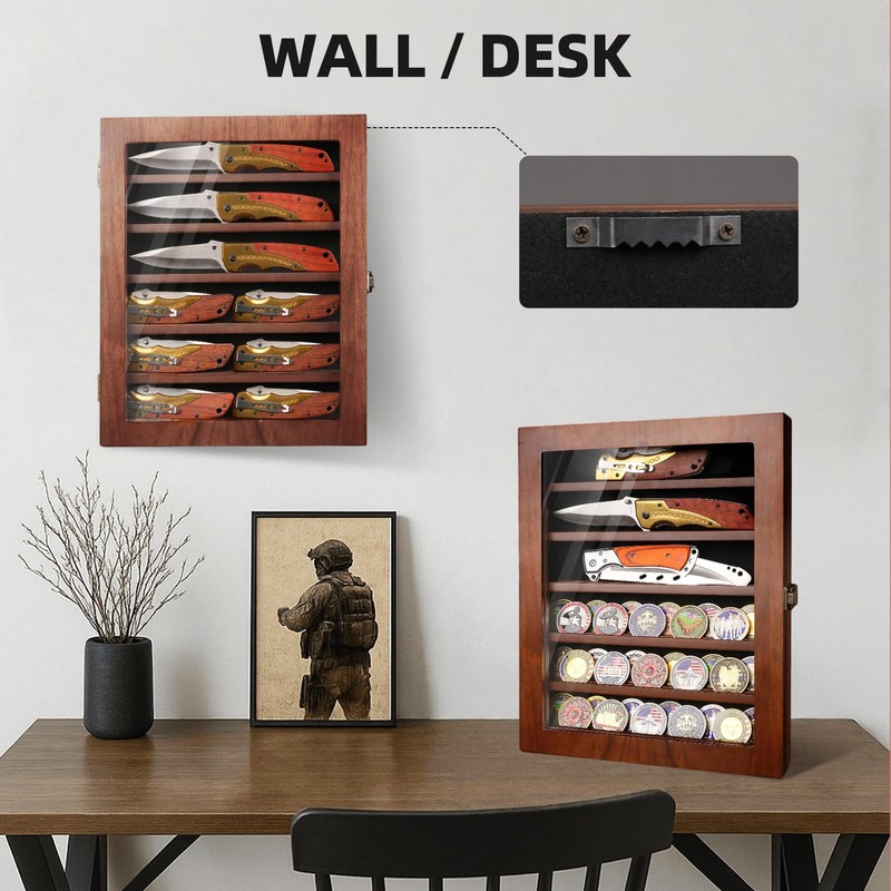 DecoWoodo Knife Display Case for Wall, Lockable Pocket Knife Display