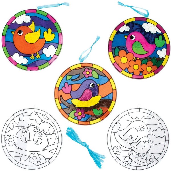 Baker Ross FC701 Bird Suncatcher Pictures - Pack of 5, Painting Craft Kit for Kids, Stained Glass Window Crafts, Creative Summer Craft