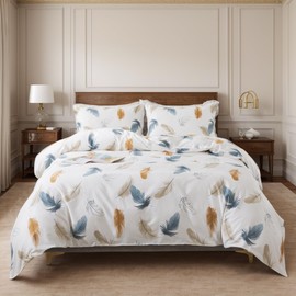 Lemfux Cotton Duvet Cover Full 3Pieces Cotton Feather Print White Duvet Cover Set, Pattern Modern Comforter Cover Set with Metal Zippers Bedding Set 1 Duvet Cover 82"x86", 2 Pillowcases 19"x29"